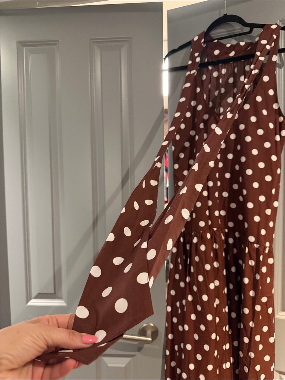 Anthropologie (Maeve) Brown & White Polka Dot Halter Midi Dress - Picture 5 of 7